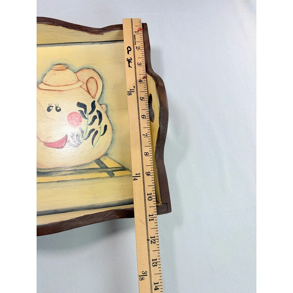Vintage Hand Painted‎ Wooden Tea Tray Teapot Kitchen Serving Cottage Decor